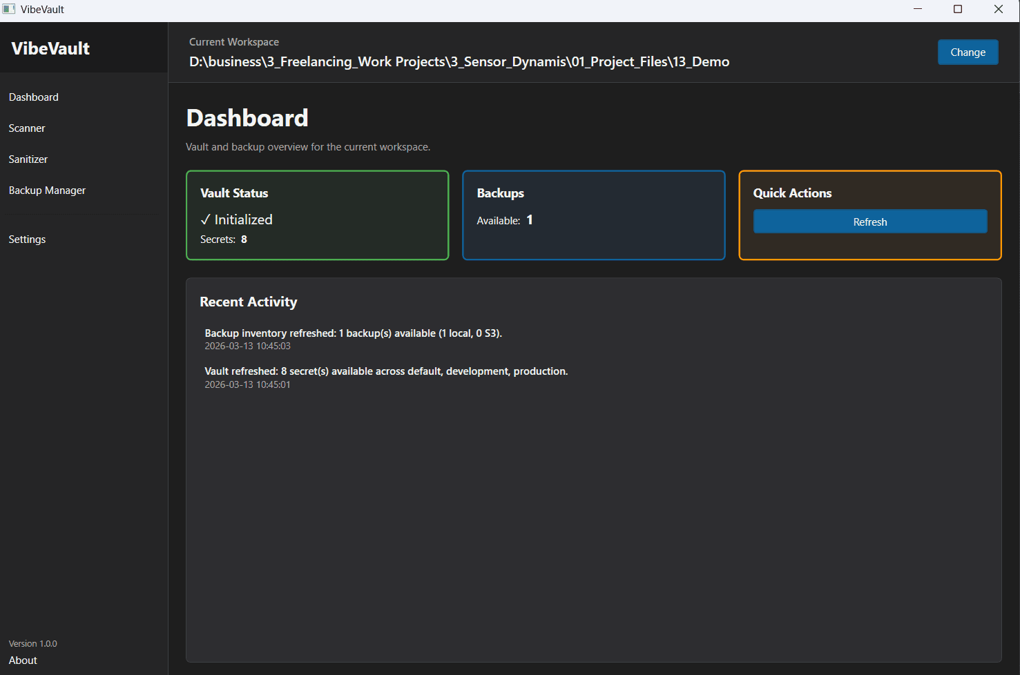 VibeVault desktop dashboard screenshot